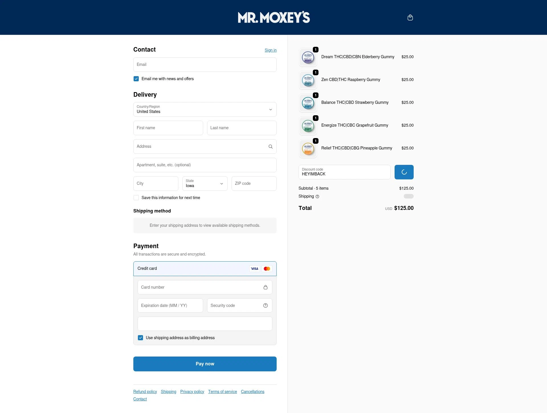Mr. Moxey's checkout page showing Mr. Moxey's promo code box | Screenshot taken by SimplyCodes community member on Feb 13, 2026