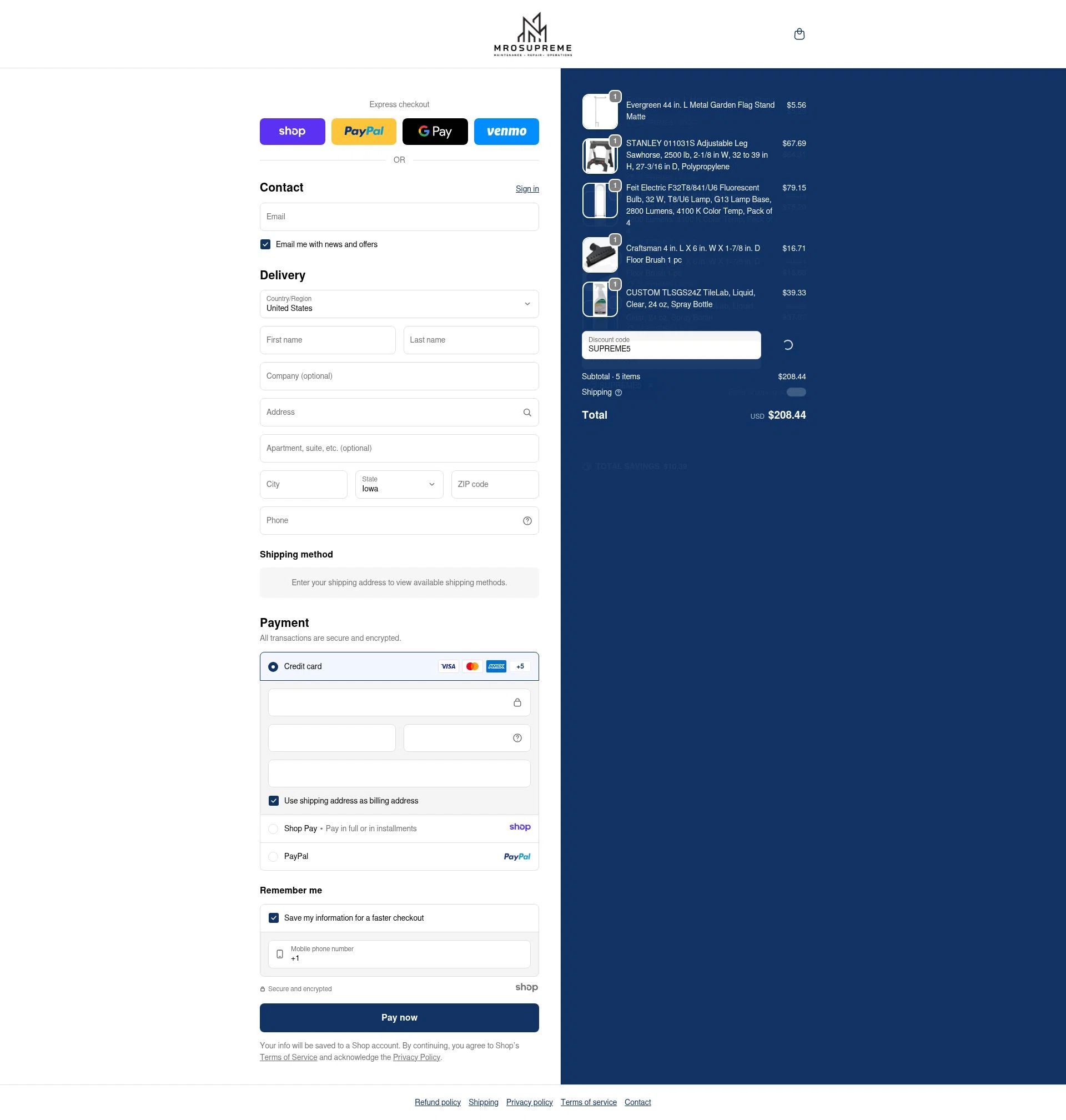 MROSupreme.com checkout page showing MROSupreme.com promo code box | Screenshot taken by SimplyCodes community member on Dec 24, 2025
