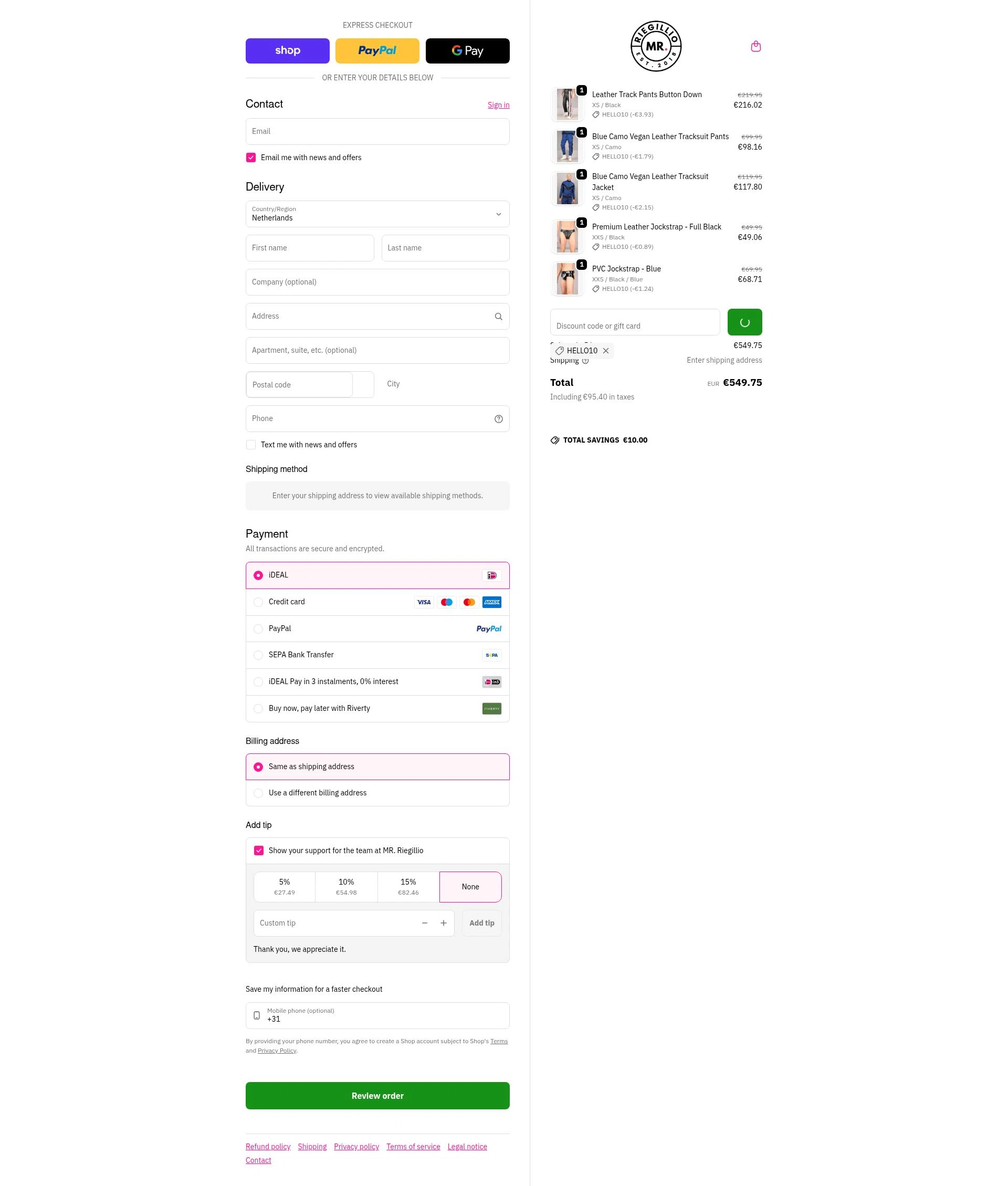 Mr Riegillio checkout page showing Mr Riegillio discount code box | Screenshot taken by SimplyCodes community member on Feb 8, 2026