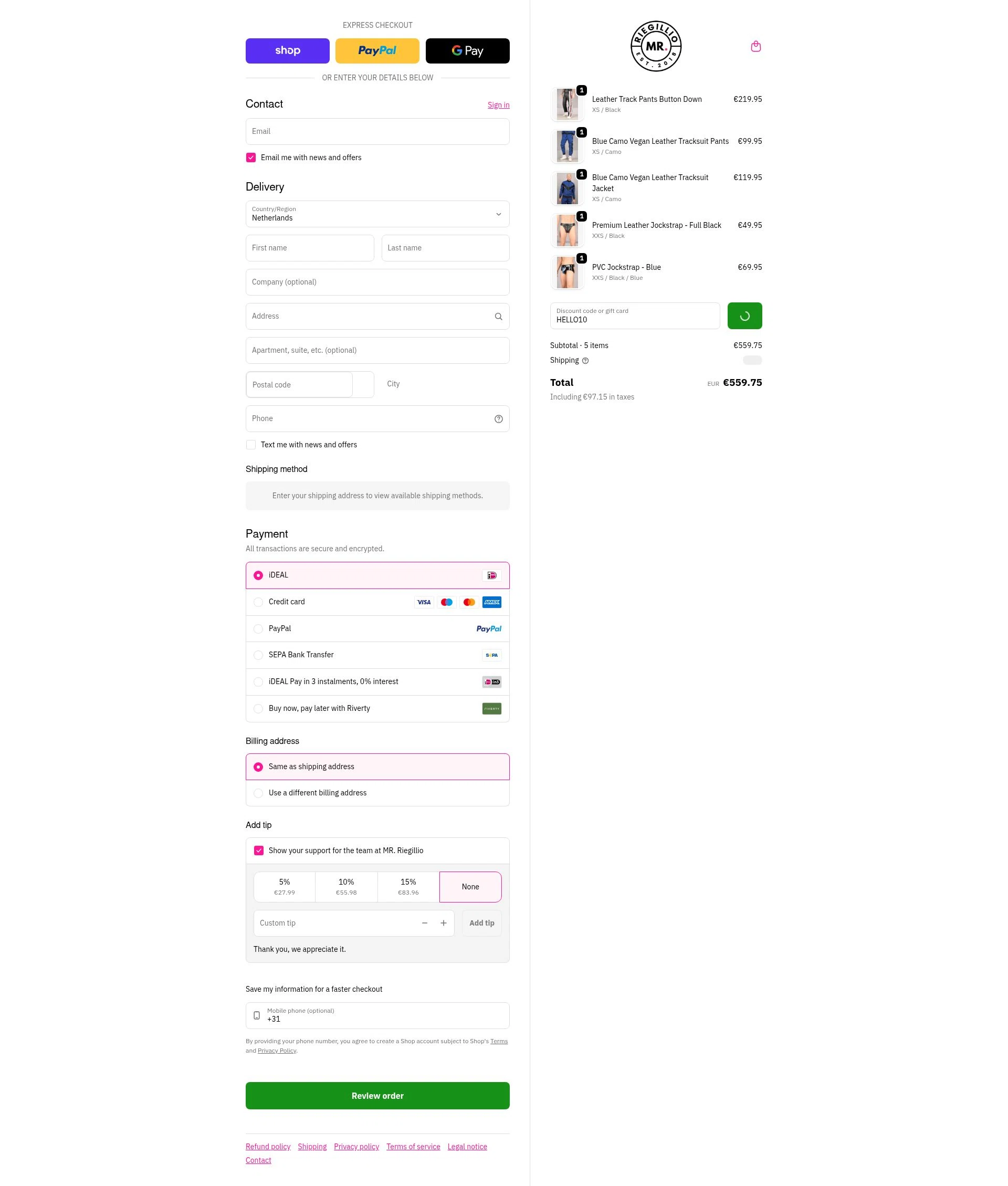 Mr Riegillio checkout page showing Mr Riegillio discount code box | Screenshot taken by SimplyCodes community member on Feb 12, 2026