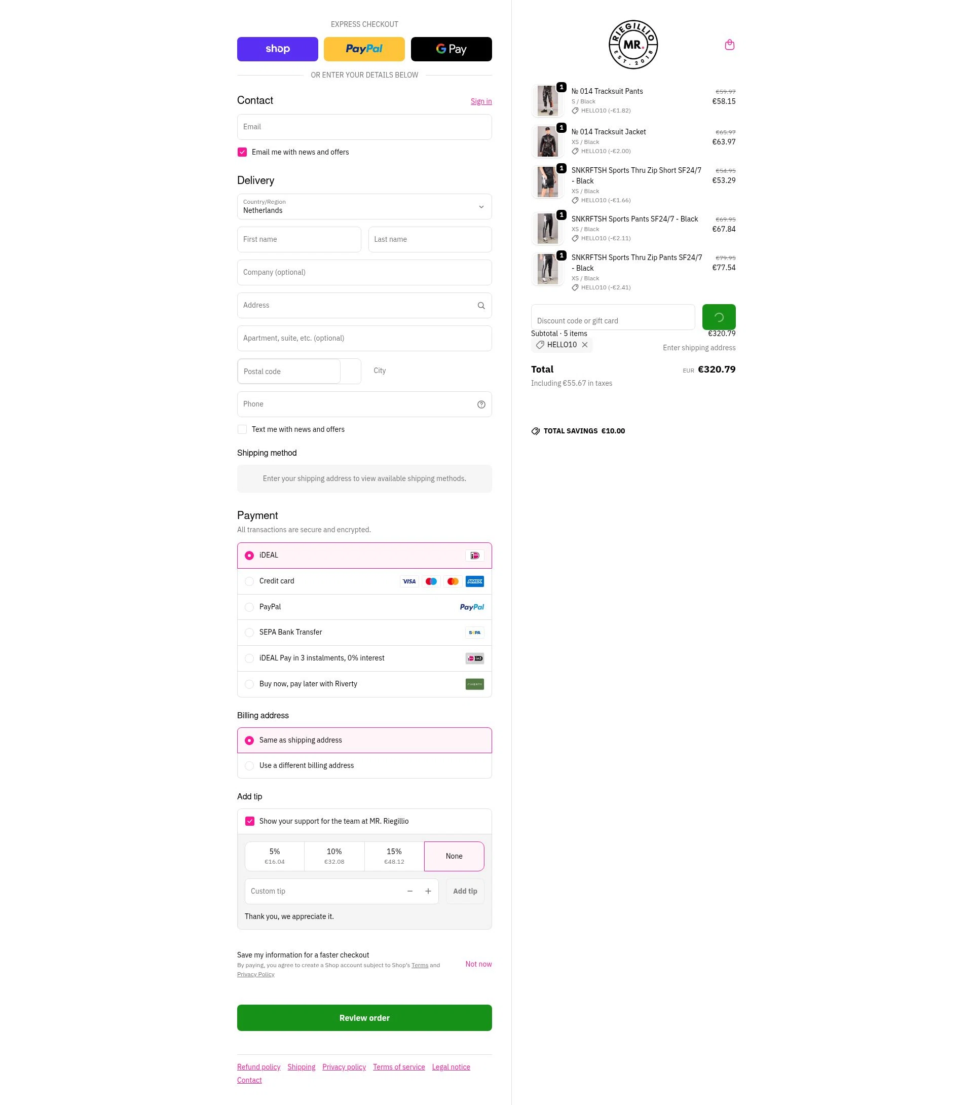 Mr Riegillio checkout page showing Mr Riegillio discount code box | Screenshot taken by SimplyCodes community member on Feb 17, 2026
