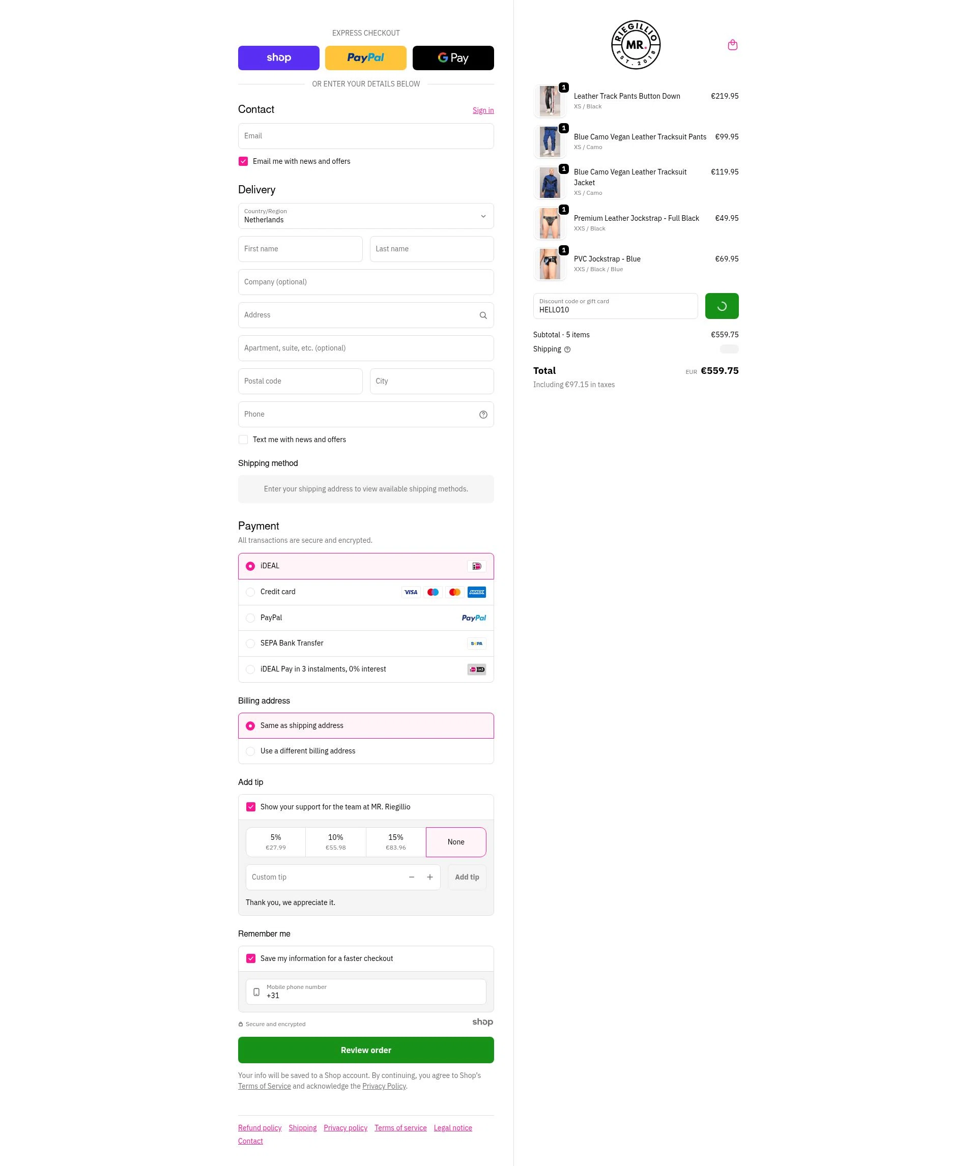Mr Riegillio checkout page showing Mr Riegillio discount code box | Screenshot taken by SimplyCodes community member on Jan 16, 2026