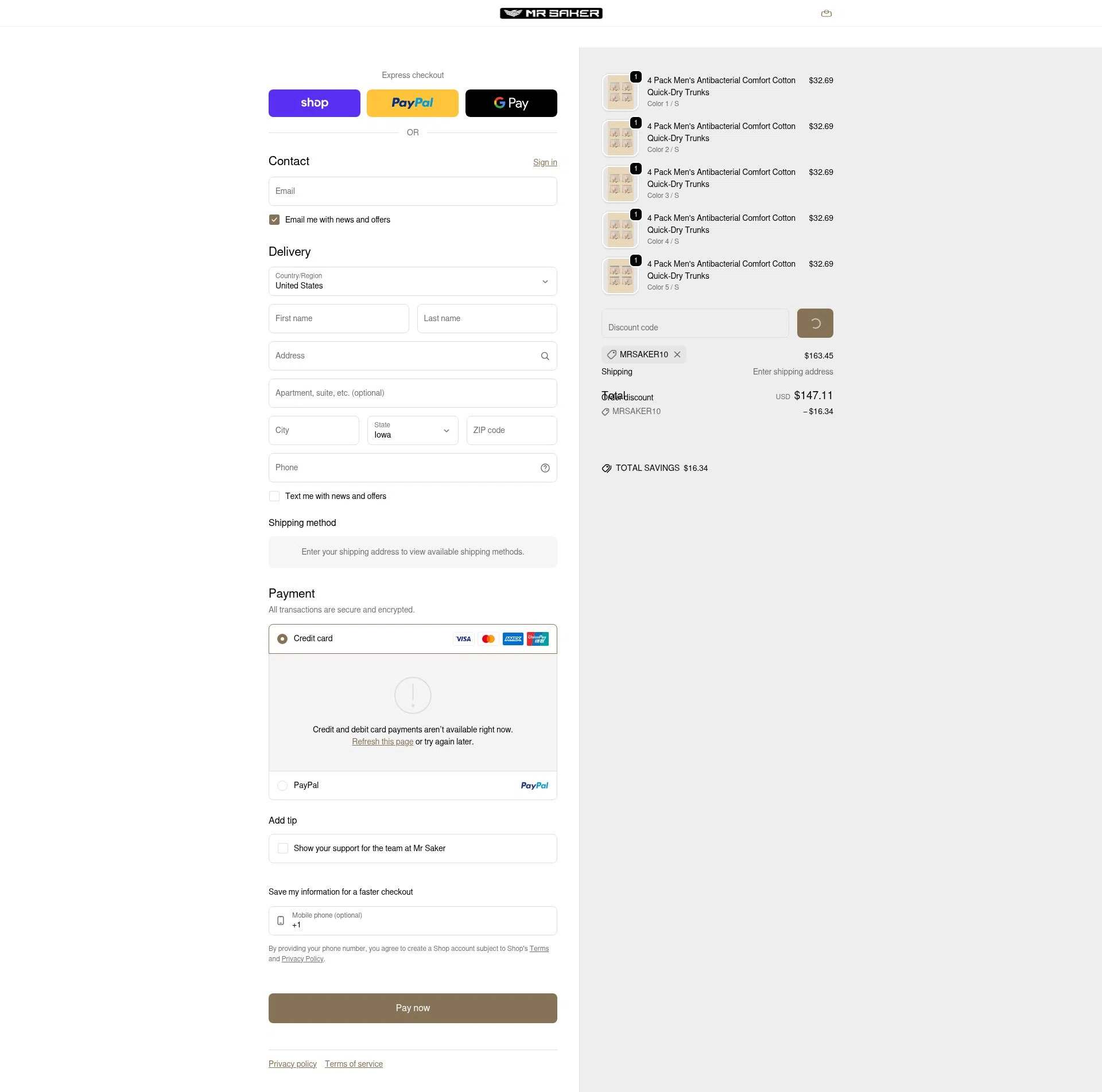 Mr Saker checkout page showing Mr Saker discount code box | Screenshot taken by SimplyCodes community member on Feb 16, 2026