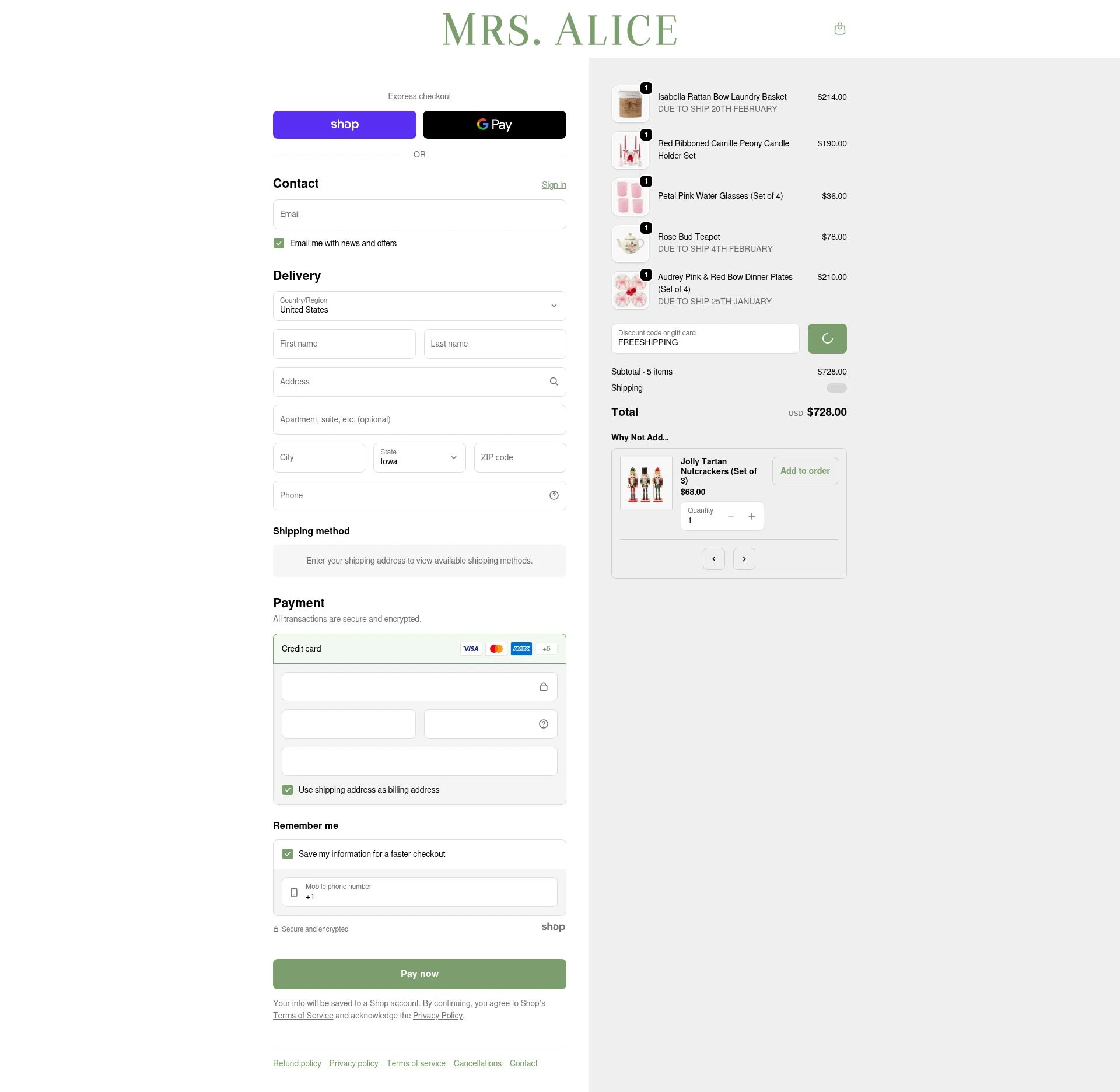 Mrs. Alice checkout page showing Mrs. Alice discount code box | Screenshot taken by SimplyCodes community member on Jan 27, 2026