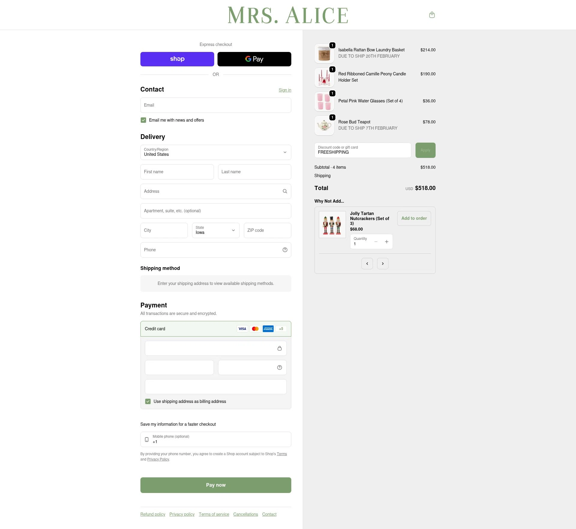 Mrs. Alice checkout page showing Mrs. Alice discount code box | Screenshot taken by SimplyCodes community member on Feb 5, 2026