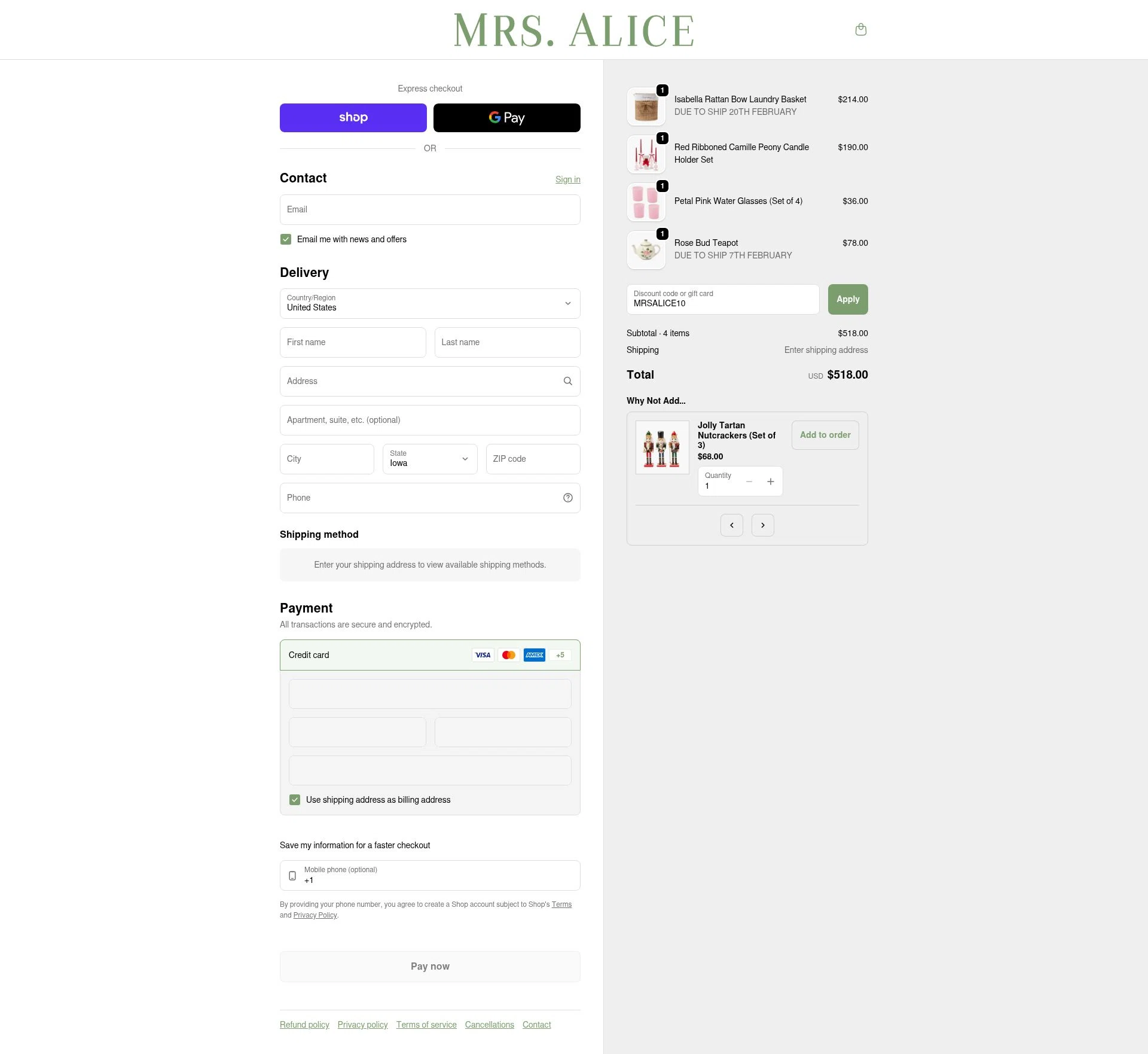 Mrs. Alice checkout page showing Mrs. Alice discount code box | Screenshot taken by SimplyCodes community member on Feb 5, 2026