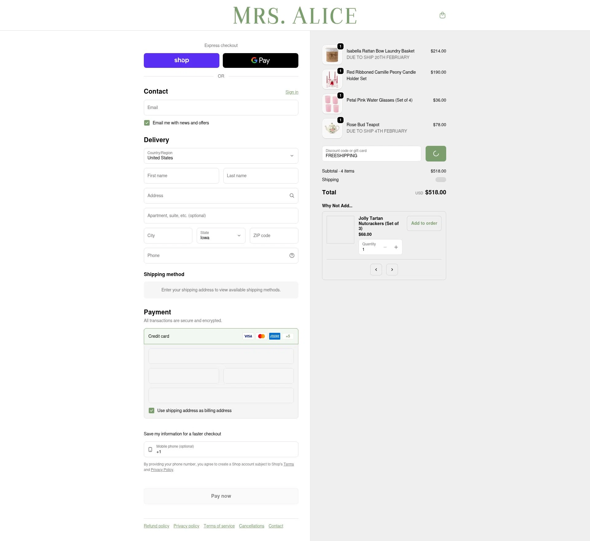 Mrs. Alice checkout page showing Mrs. Alice discount code box | Screenshot taken by SimplyCodes community member on Jan 31, 2026