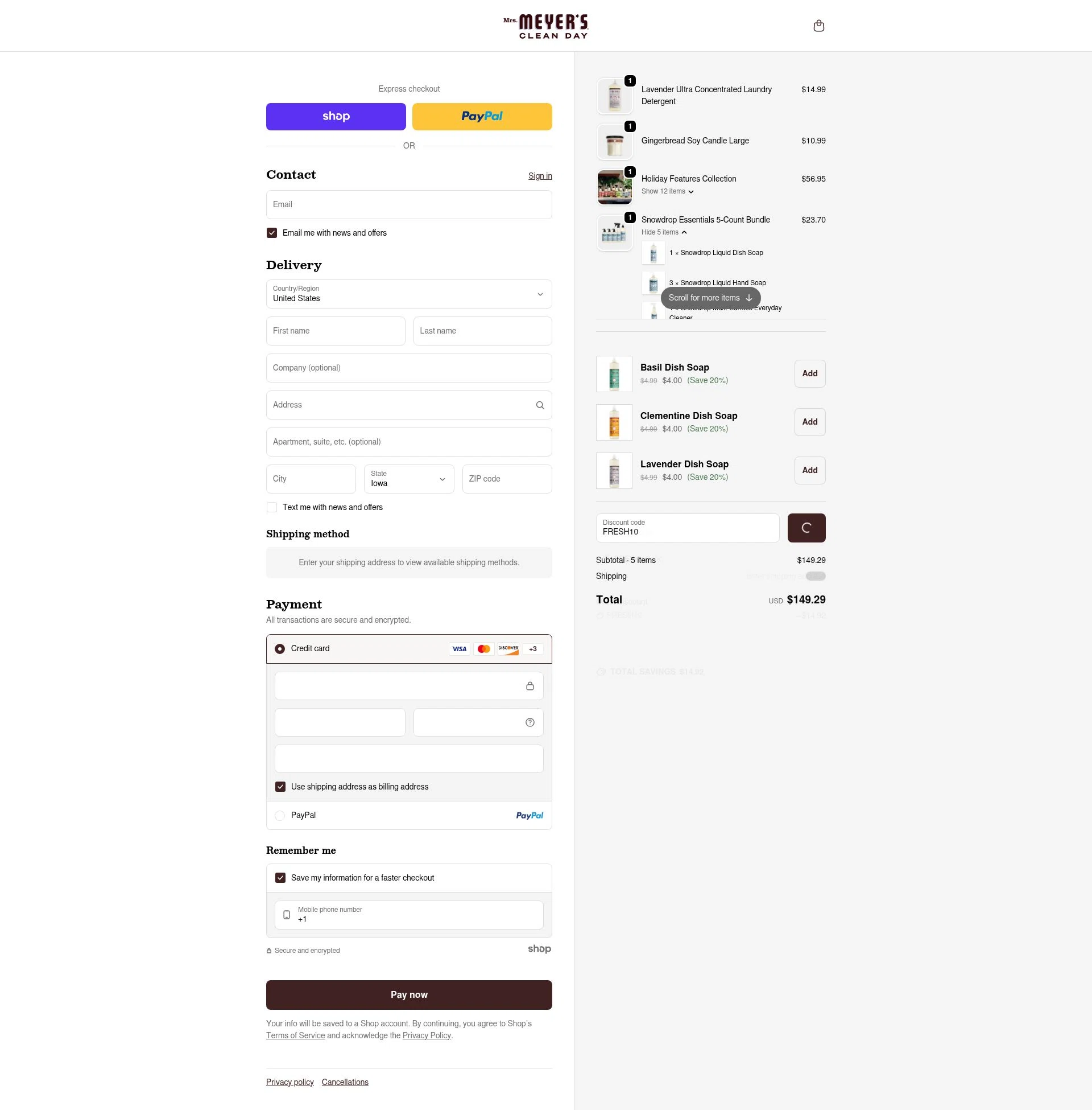 Mrs. Meyer's Clean Day checkout page showing Mrs. Meyer's Clean Day promo code box | Screenshot taken by SimplyCodes community member on Jan 27, 2026