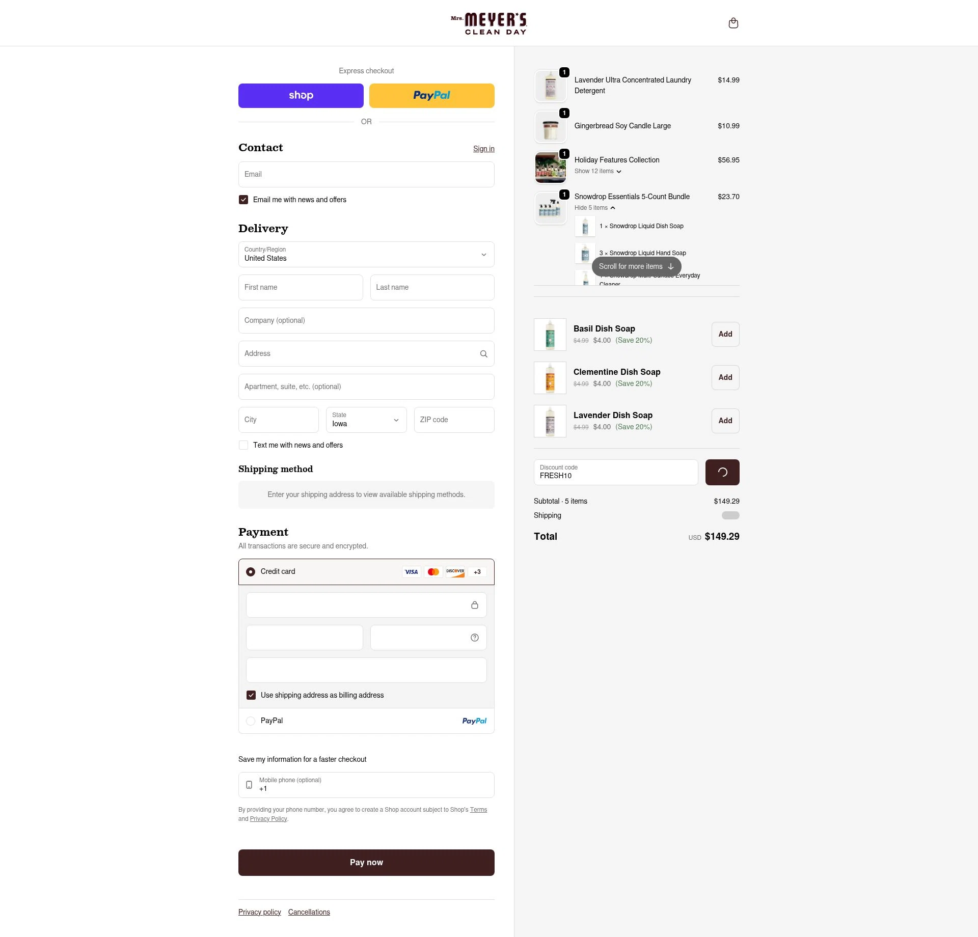Mrs. Meyer's Clean Day checkout page showing Mrs. Meyer's Clean Day promo code box | Screenshot taken by SimplyCodes community member on Feb 5, 2026