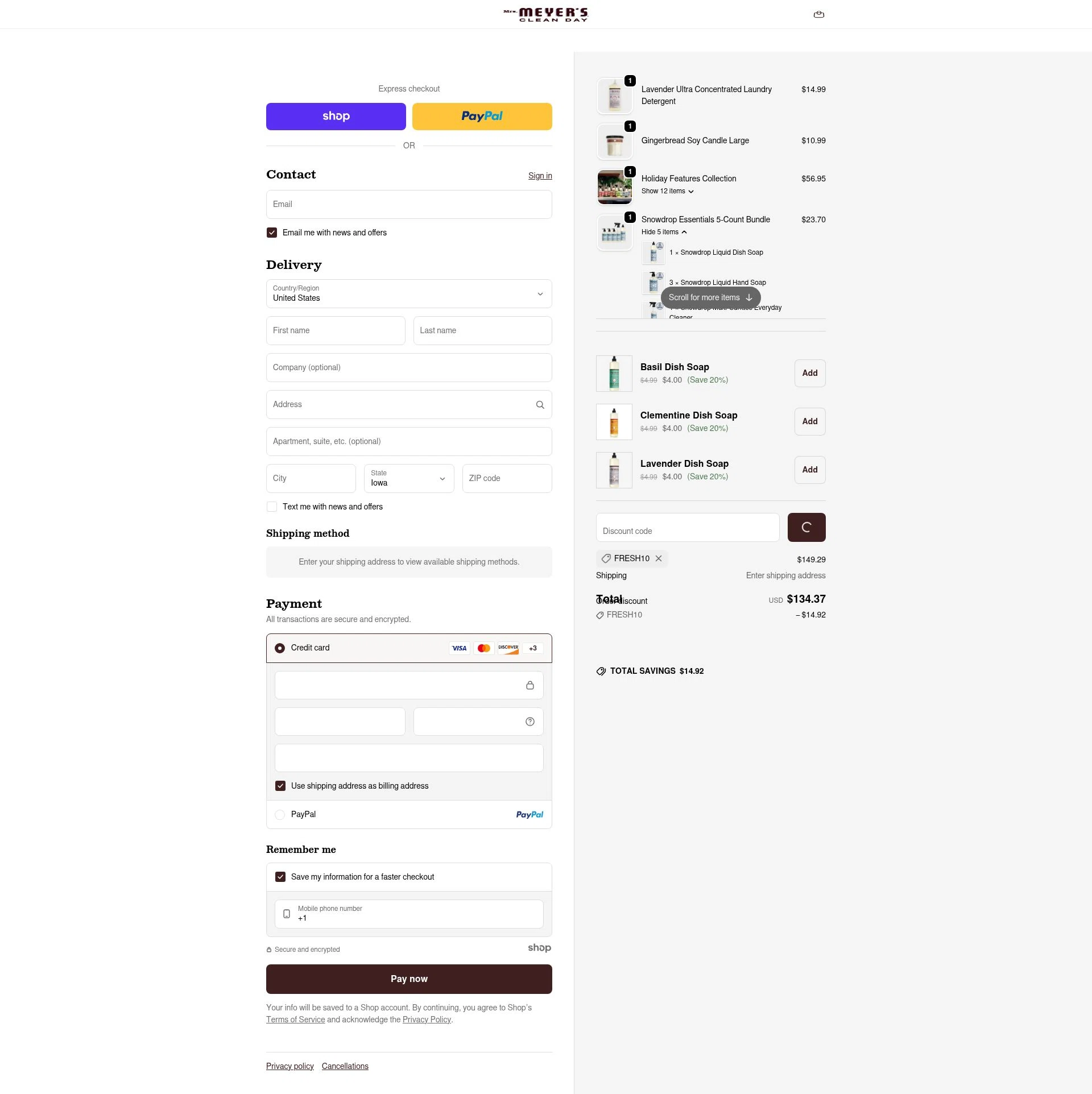 Mrs. Meyer's Clean Day checkout page showing Mrs. Meyer's Clean Day promo code box | Screenshot taken by SimplyCodes community member on Jan 18, 2026