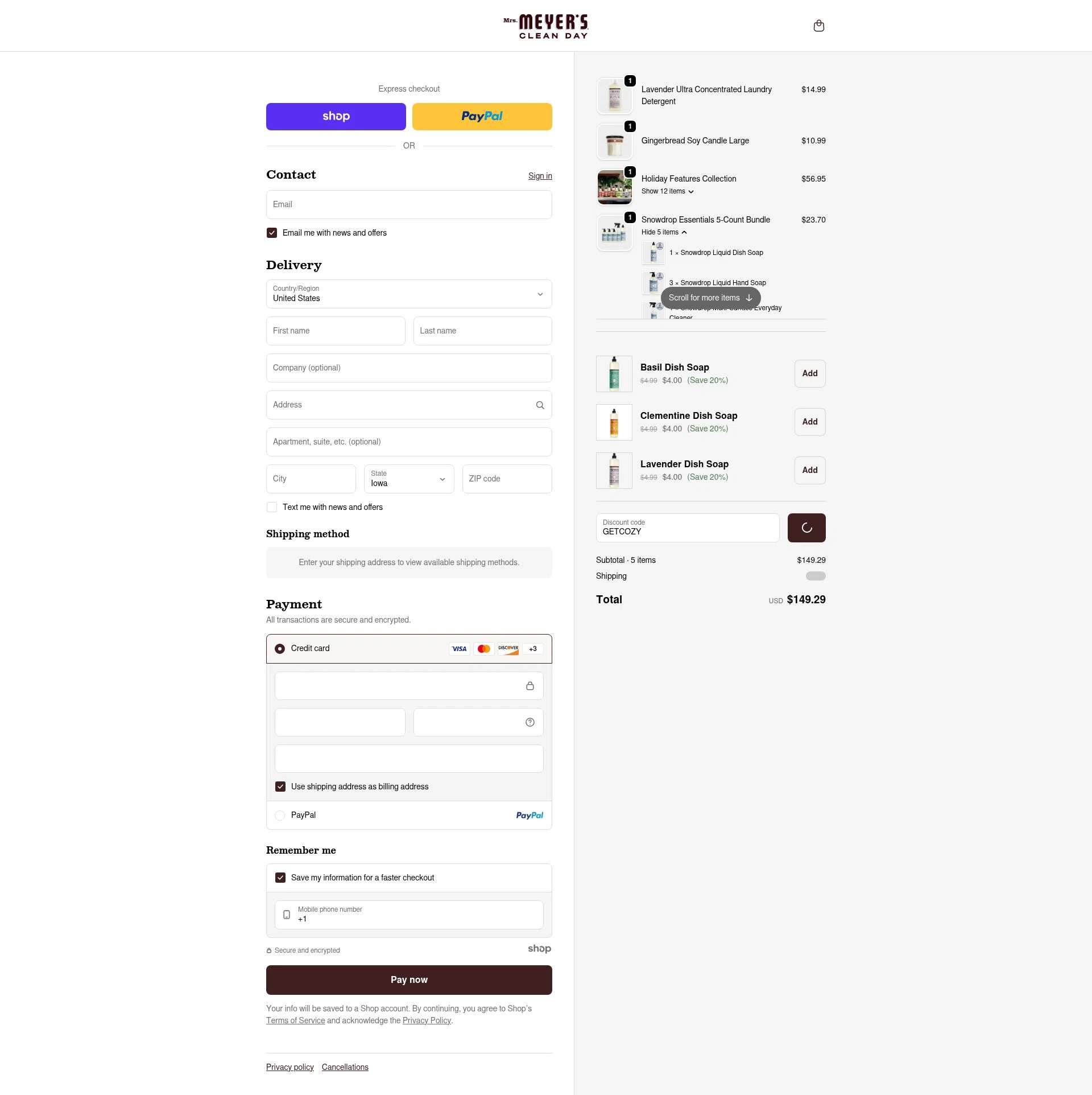 Mrs. Meyer's Clean Day checkout page showing Mrs. Meyer's Clean Day promo code box | Screenshot taken by SimplyCodes community member on Jan 18, 2026