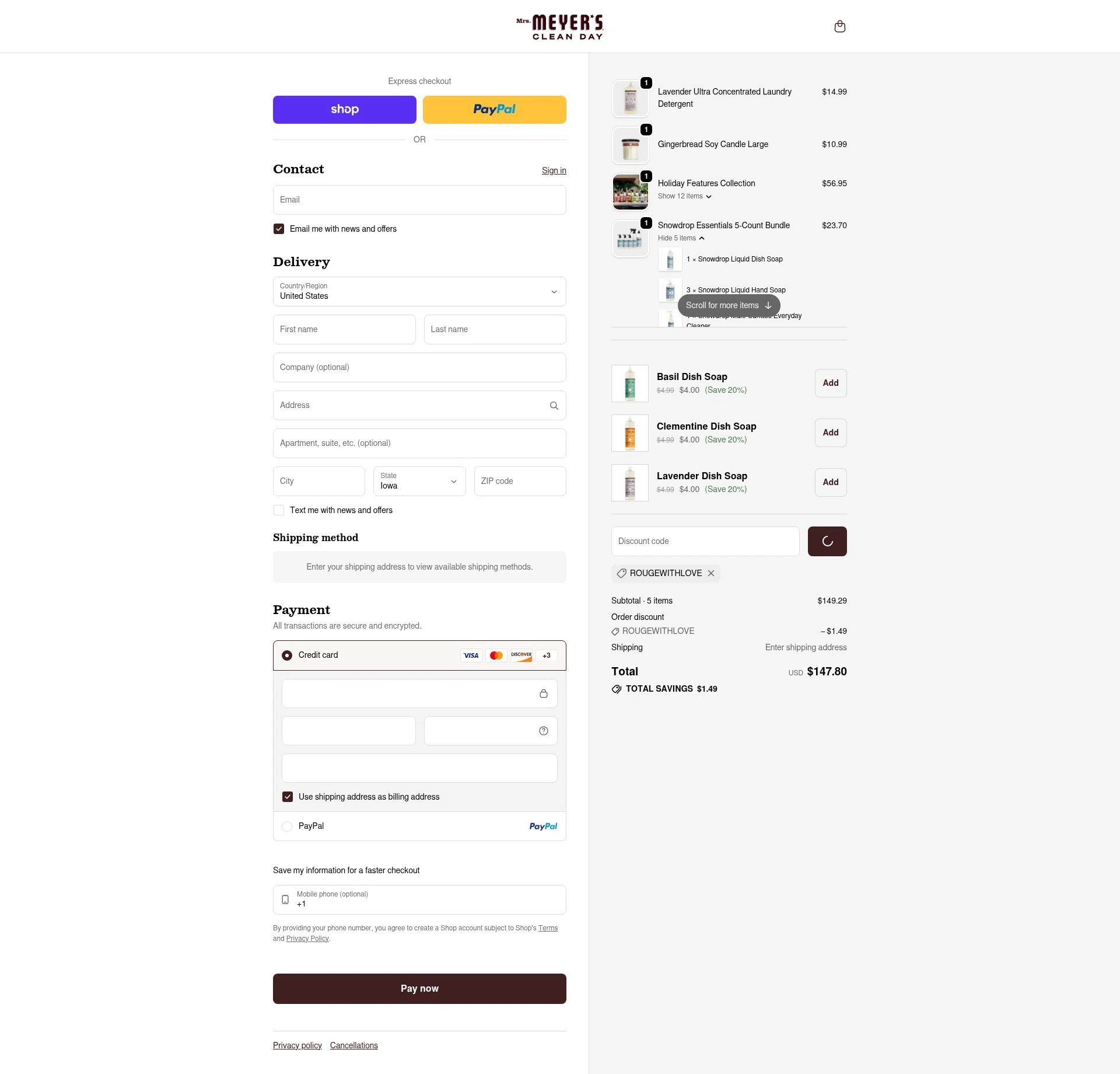 Mrs. Meyer's Clean Day checkout page showing Mrs. Meyer's Clean Day promo code box | Screenshot taken by SimplyCodes community member on Feb 5, 2026