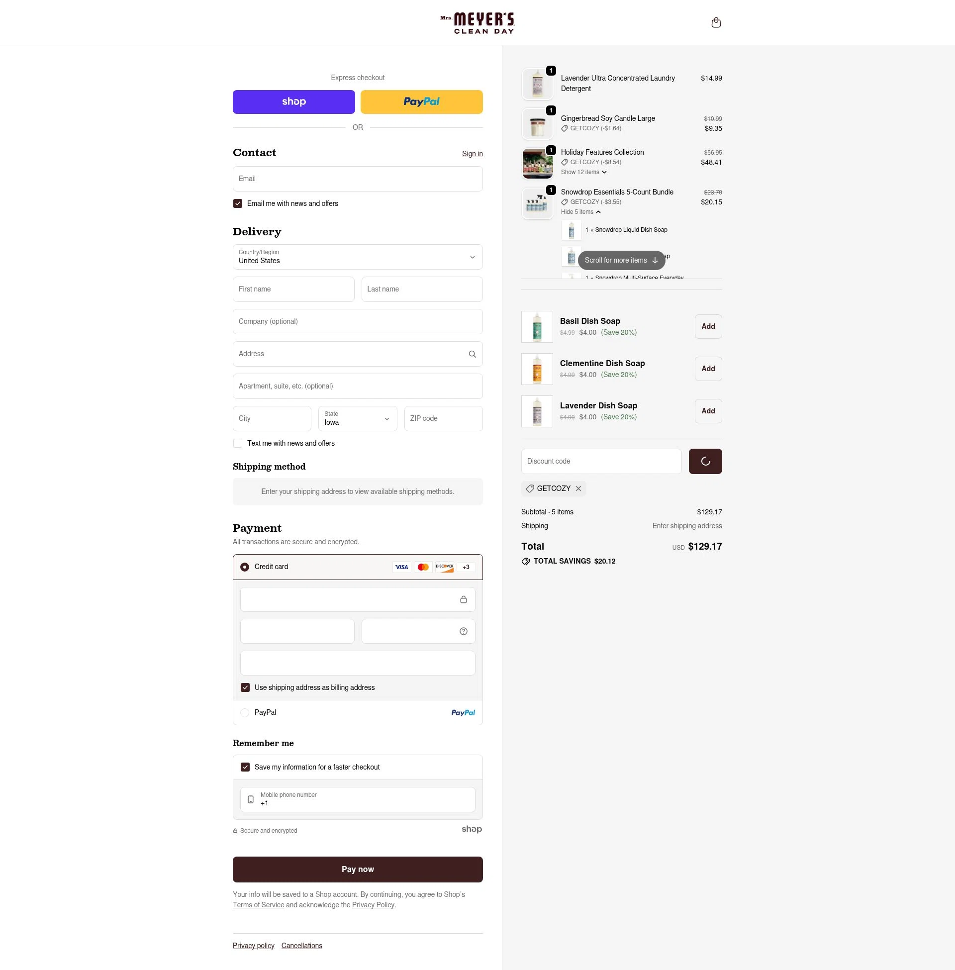 Mrs. Meyer's Clean Day checkout page showing Mrs. Meyer's Clean Day promo code box | Screenshot taken by SimplyCodes community member on Jan 27, 2026