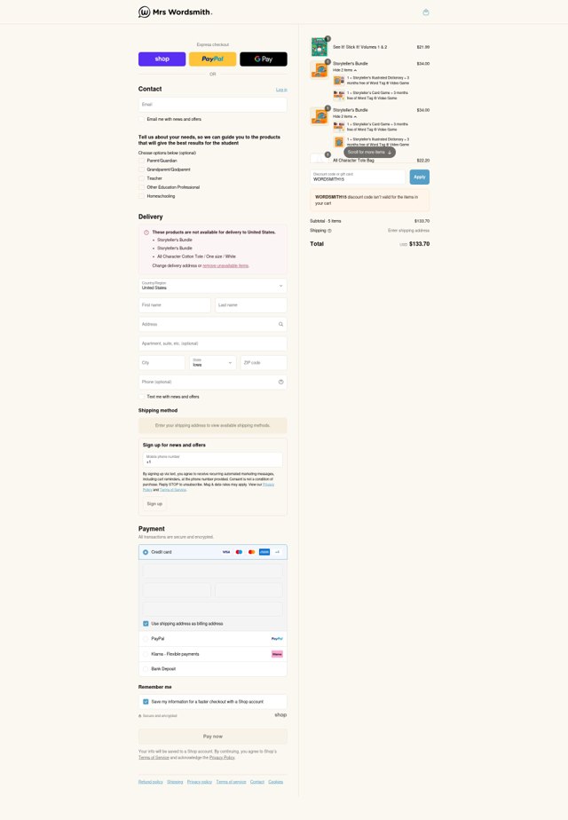 Mrs Wordsmith checkout page showing Mrs Wordsmith coupon code box | Screenshot taken by SimplyCodes community member on Sep 7, 2025
