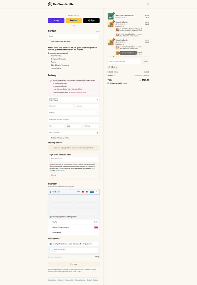Mrs Wordsmith checkout page showing Mrs Wordsmith coupon code box | Screenshot taken by SimplyCodes community member on Sep 7, 2025