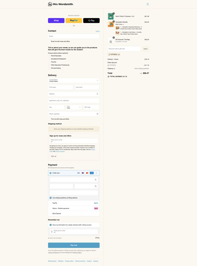 Mrs Wordsmith checkout page showing Mrs Wordsmith coupon code box | Screenshot taken by SimplyCodes community member on Sep 7, 2025
