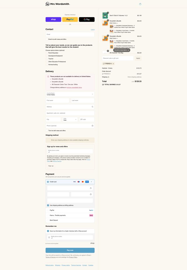 Mrs Wordsmith checkout page showing Mrs Wordsmith coupon code box | Screenshot taken by SimplyCodes community member on Sep 7, 2025