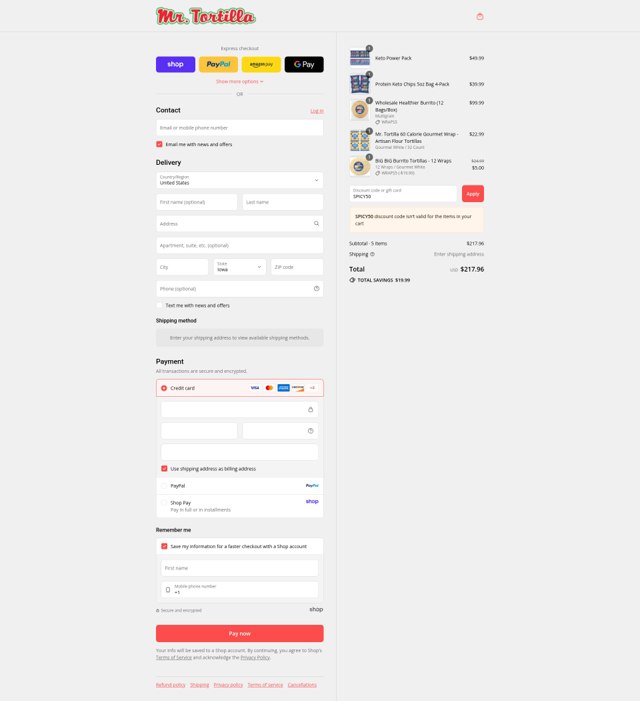 Mr. Tortilla checkout page showing Mr. Tortilla discount code box | Screenshot taken by SimplyCodes community member on Sep 5, 2025
