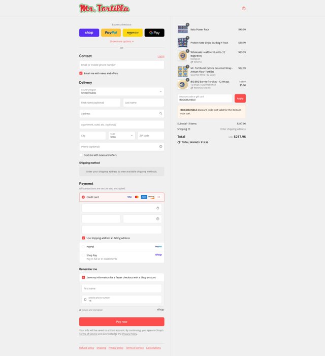 Mr. Tortilla checkout page showing Mr. Tortilla discount code box | Screenshot taken by SimplyCodes community member on Sep 5, 2025