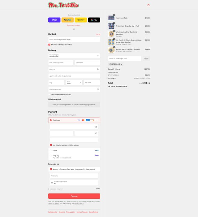 Mr. Tortilla checkout page showing Mr. Tortilla discount code box | Screenshot taken by SimplyCodes community member on Sep 5, 2025