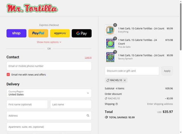 Mr. Tortilla checkout page showing Mr. Tortilla discount code box | Screenshot taken by SimplyCodes community member on Sep 5, 2025