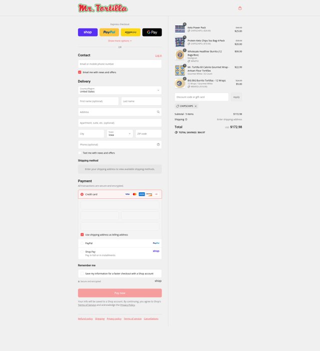 Mr. Tortilla checkout page showing Mr. Tortilla discount code box | Screenshot taken by SimplyCodes community member on Sep 5, 2025