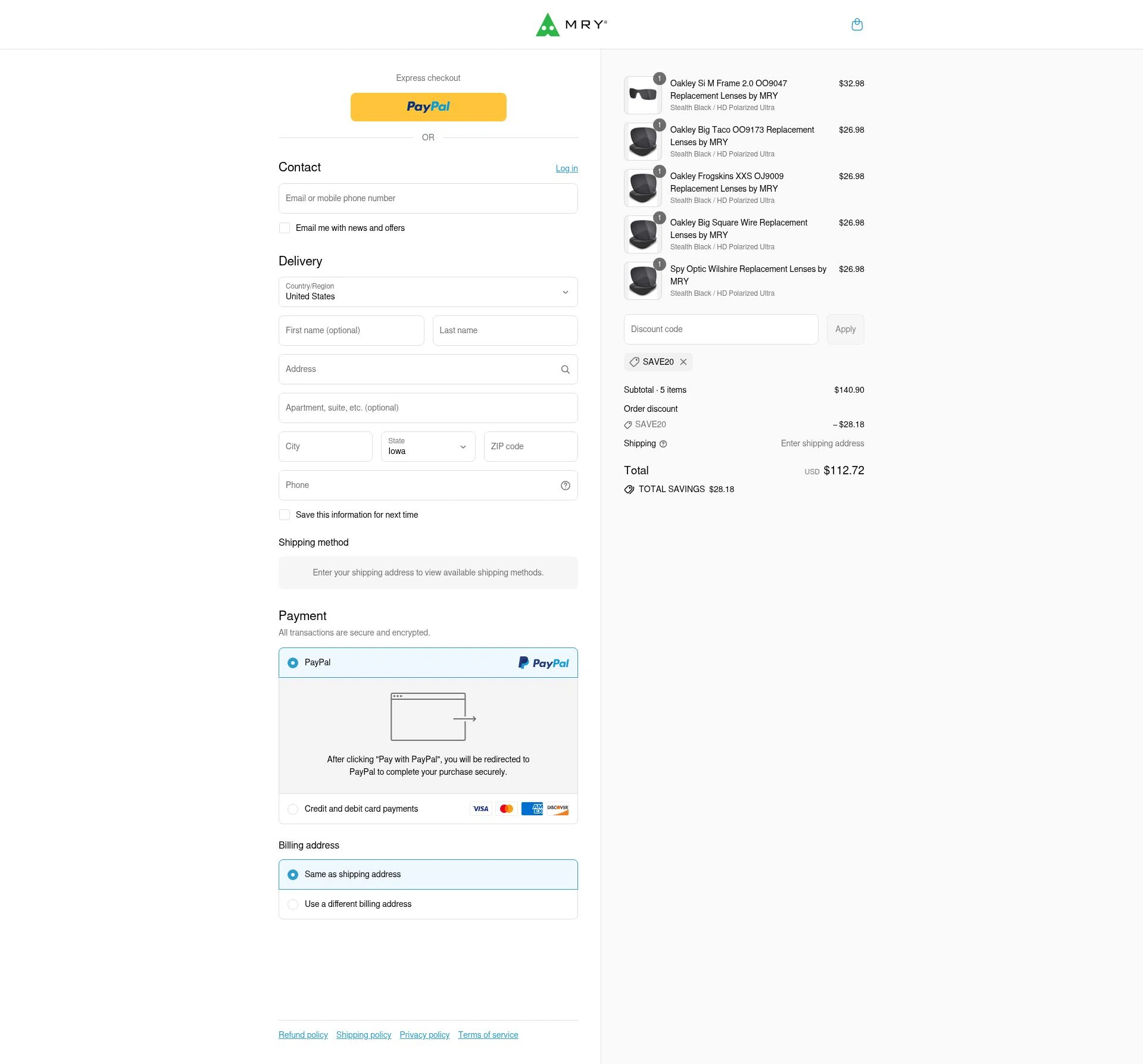 MryLens checkout page showing MryLens discount code box | Screenshot taken by SimplyCodes community member on Jul 10, 2025