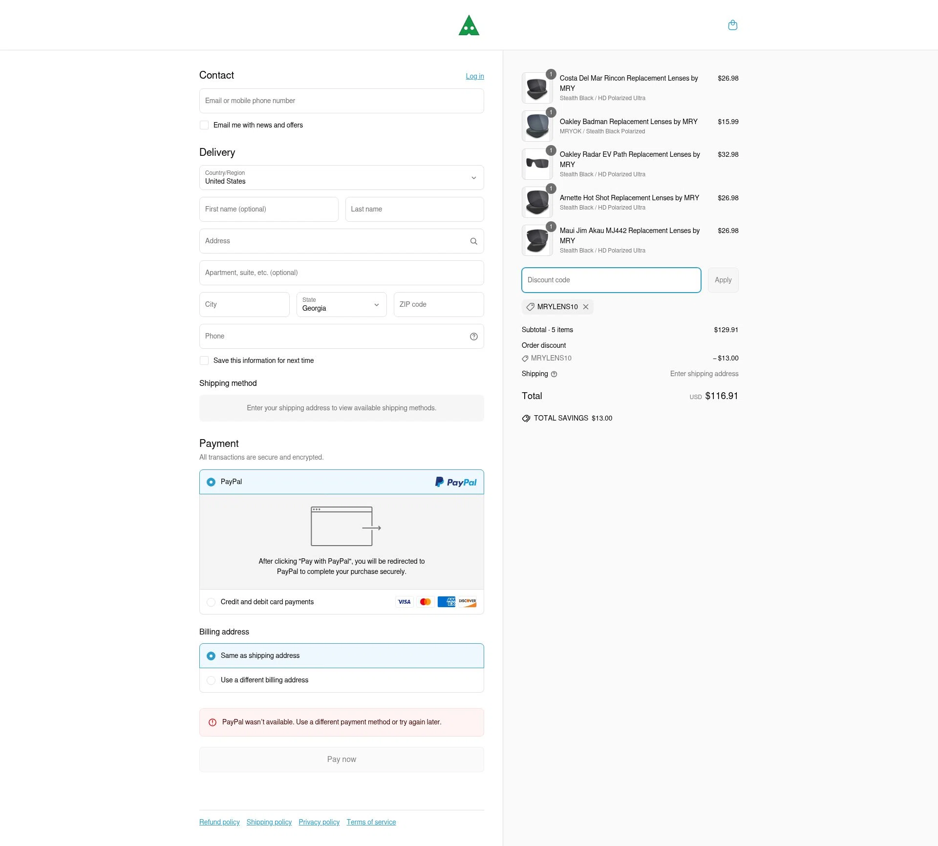 MryLens checkout page showing MryLens discount code box | Screenshot taken by SimplyCodes community member on Jun 18, 2025