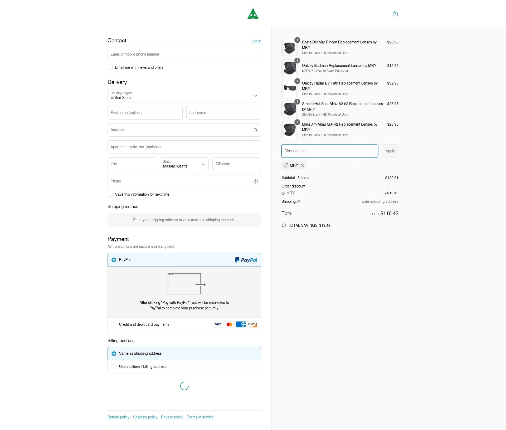 MryLens checkout page showing MryLens discount code box | Screenshot taken by SimplyCodes community member on Jun 22, 2025