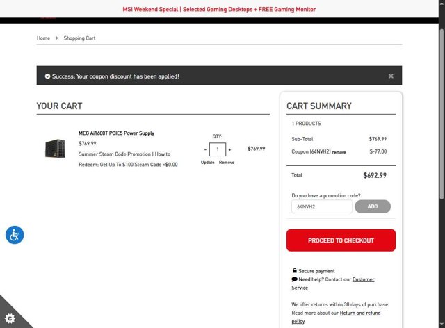 MSI checkout page showing MSI promo code box | Screenshot taken by SimplyCodes community member on Aug 24, 2025