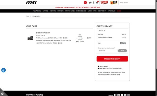 MSI checkout page showing MSI promo code box | Screenshot taken by SimplyCodes community member on Aug 16, 2025