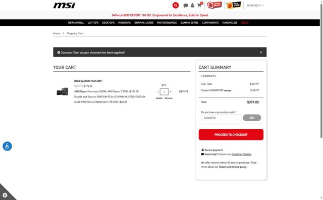 MSI checkout page showing MSI promo code box | Screenshot taken by SimplyCodes community member on Aug 12, 2025