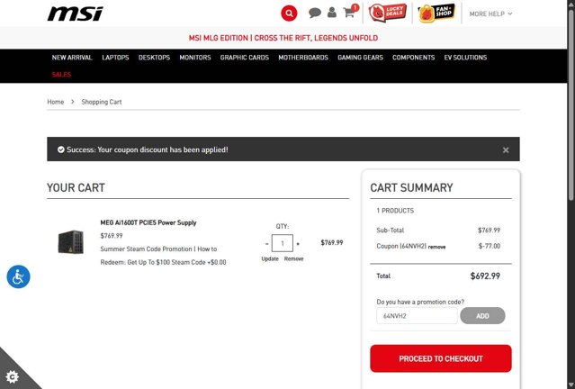 MSI checkout page showing MSI promo code box | Screenshot taken by SimplyCodes community member on Aug 30, 2025