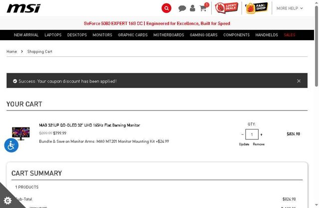 MSI checkout page showing MSI promo code box | Screenshot taken by SimplyCodes community member on Aug 12, 2025