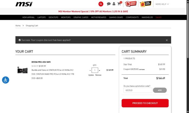 MSI checkout page showing MSI promo code box | Screenshot taken by SimplyCodes community member on Aug 16, 2025