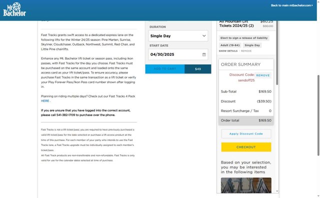 Mt. Bachelor checkout page showing Mt. Bachelor discount code box | Screenshot taken by SimplyCodes community member on Apr 29, 2025