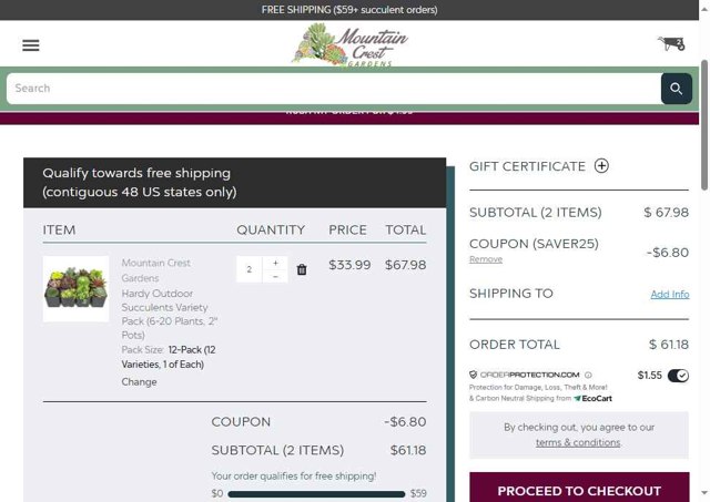 Mountain Crest Gardens checkout page showing Mountain Crest Gardens coupon code box | Screenshot taken by SimplyCodes community member on Sep 2, 2025