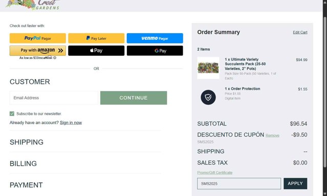 Mountain Crest Gardens checkout page showing Mountain Crest Gardens coupon code box | Screenshot taken by SimplyCodes community member on Aug 20, 2025