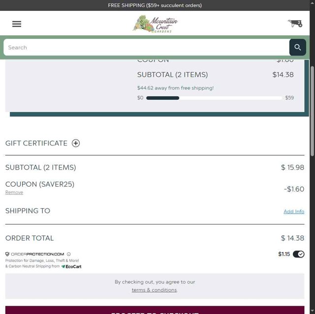 Mountain Crest Gardens checkout page showing Mountain Crest Gardens coupon code box | Screenshot taken by SimplyCodes community member on Aug 22, 2025