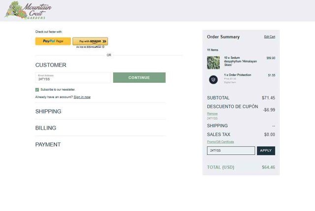 Mountain Crest Gardens checkout page showing Mountain Crest Gardens coupon code box | Screenshot taken by SimplyCodes community member on Sep 7, 2025