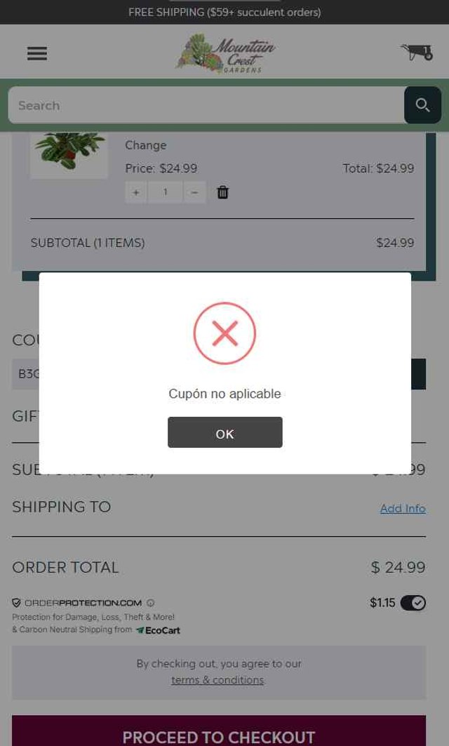 Mountain Crest Gardens checkout page showing Mountain Crest Gardens coupon code box | Screenshot taken by SimplyCodes community member on Aug 18, 2025