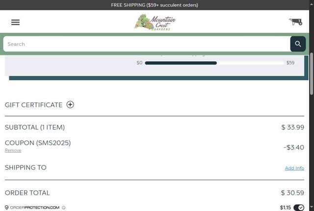 Mountain Crest Gardens checkout page showing Mountain Crest Gardens coupon code box | Screenshot taken by SimplyCodes community member on Aug 31, 2025