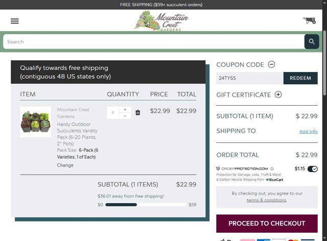 Mountain Crest Gardens checkout page showing Mountain Crest Gardens coupon code box | Screenshot taken by SimplyCodes community member on Aug 27, 2025