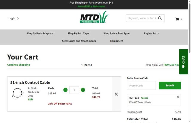 MTD Parts checkout page showing MTD Parts coupon code box | Screenshot taken by SimplyCodes community member on Jul 23, 2025