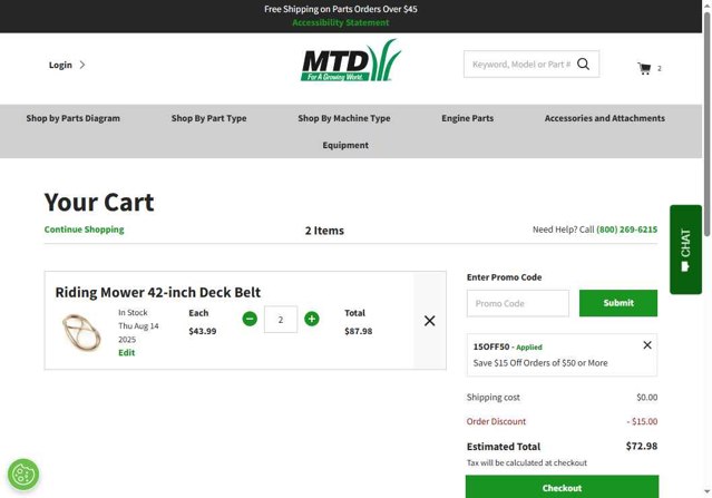 MTD Parts checkout page showing MTD Parts coupon code box | Screenshot taken by SimplyCodes community member on Aug 15, 2025