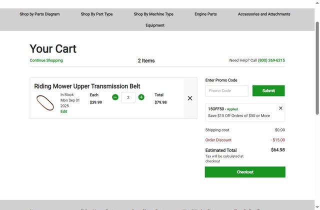 MTD Parts checkout page showing MTD Parts coupon code box | Screenshot taken by SimplyCodes community member on Sep 1, 2025