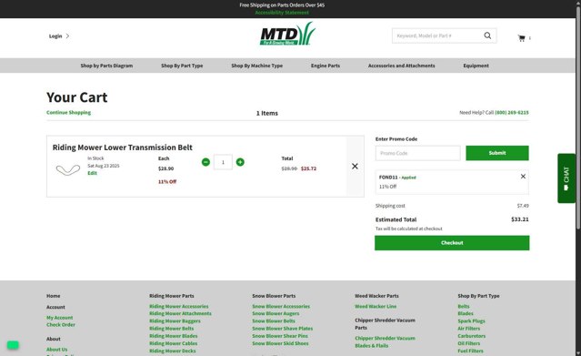 MTD Parts checkout page showing MTD Parts coupon code box | Screenshot taken by SimplyCodes community member on Aug 24, 2025