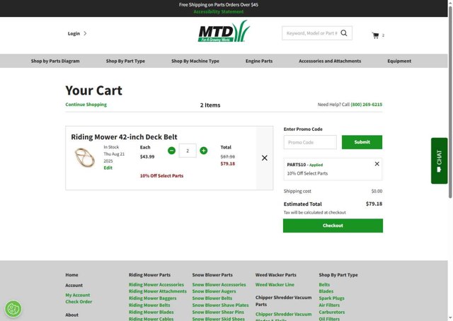 MTD Parts checkout page showing MTD Parts coupon code box | Screenshot taken by SimplyCodes community member on Aug 21, 2025