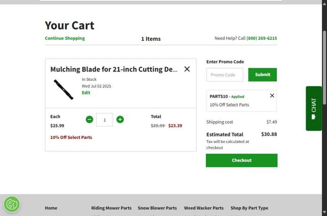 MTD Parts checkout page showing MTD Parts coupon code box | Screenshot taken by SimplyCodes community member on Jul 23, 2025