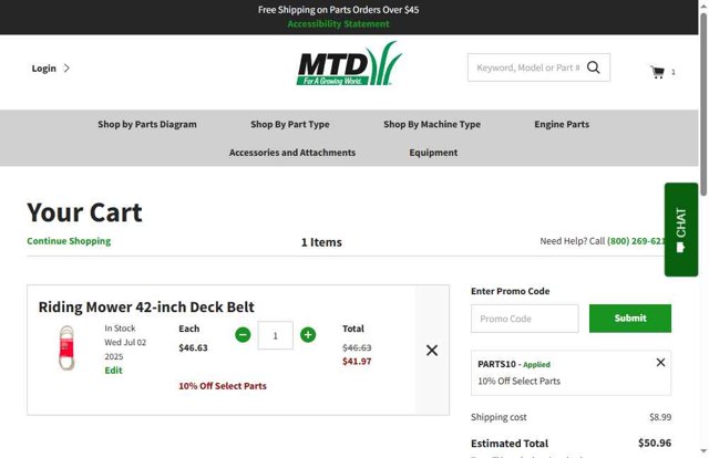 MTD Parts checkout page showing MTD Parts coupon code box | Screenshot taken by SimplyCodes community member on Jul 23, 2025